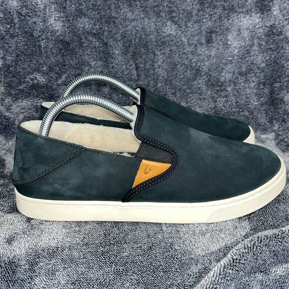 OluKai Pehuea Heu Black Leather Slip-On Genuine Shearing Sheep Fur Womans Size 1 - Picture 1 of 8